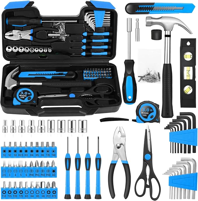 144-Piece Blue Tool Kit for Home, Household Hand Set with Plastic Toolbox | General basic repair tools for women & college students; all-purpose dorm set for home, apartment, office DIY daily repairs