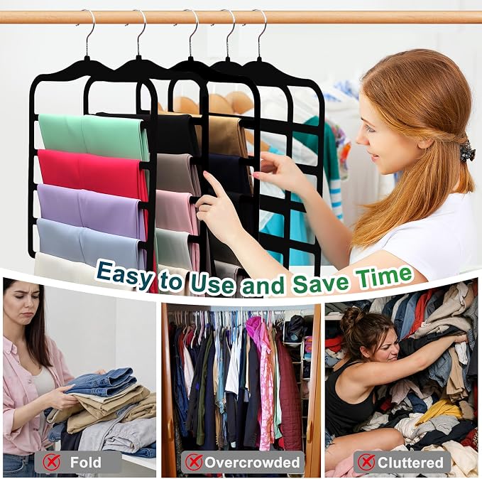 Closet Organizers and Storage, 3 Pack Velvet Pants-Hangers-Space-Saving | Non Silp 5 Tier Scarf Jeans Closet Organizer, Dorm Room Essentials for College Students Girls Boys Guys, Home Storage