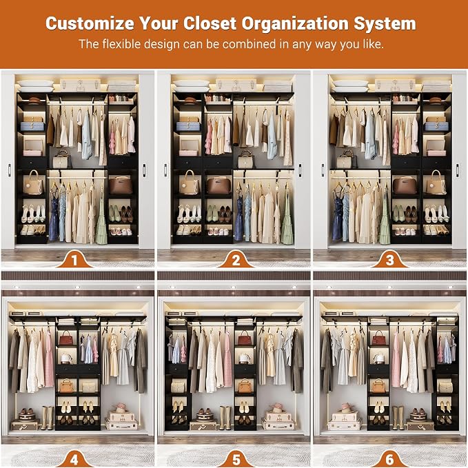 Unikito 58 - 90 Inch Closet System, Large Walk in Closet Organizer with 3 Hanging Rods and Shelves, Heavy Duty Wood Closets Wardrobe with 2 Drawers & Shoe Rack, Sturdy Reversible Clothing Rack, Black