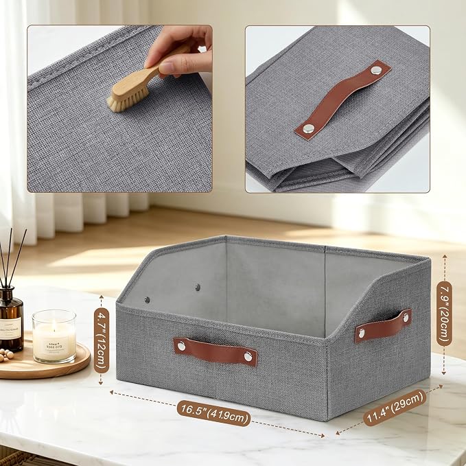 Bagnizer Closet Organizers and Storage, Linen Trapezoid Storage Bins with Handles, Collapsible Shelf Organizer for Blanket, Towel, Clothes, Hats, Purse (Gray)