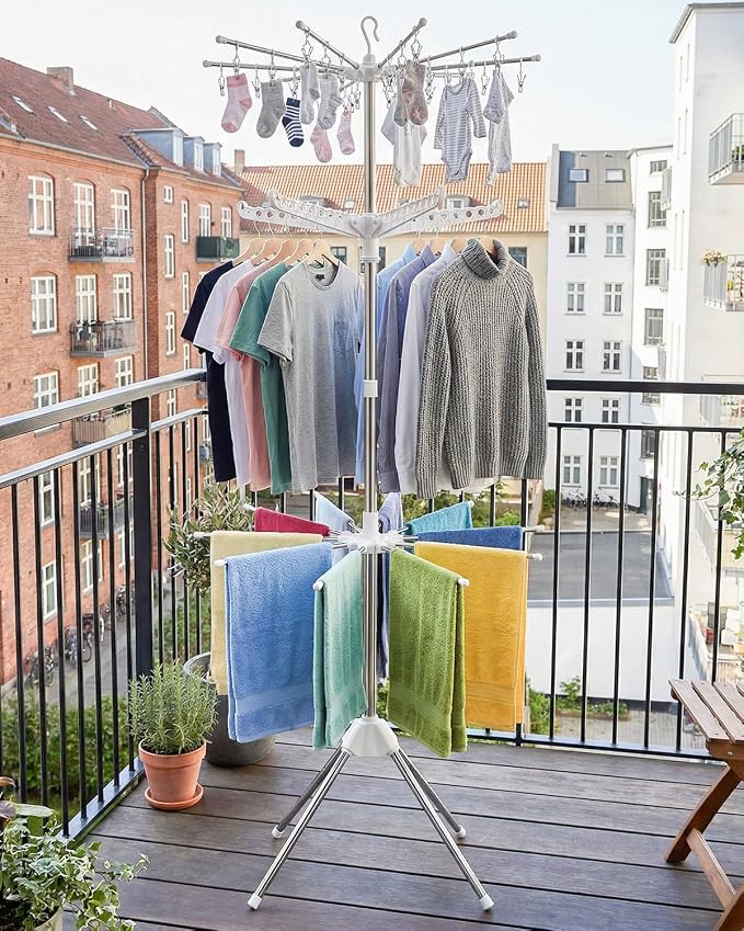 Foldable Clothes Drying Rack, 3 Tier Portable Laundry Drying Rack | 64" Drying Rack, Rotating Clothes Rail with 30 Clips,10 towel sticks and 3 Rotatable Arms, Flats, Small Rooms, Dorm