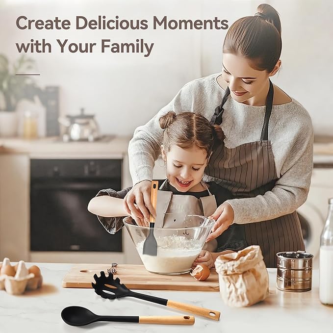 NCUE Kitchen Utensils Set, Large Non-stick Silicone Cooking Utensils Set 6 Pcs, Wooden Handle Heat Resistance Silicone Spatula Soup Ladle Pasta Server Kitchen Gadgets Utensils Set BPA Free (Black)