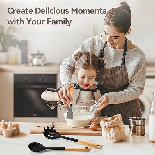 NCUE Kitchen Utensils Set, Large Non-stick Silicone Cooking Utensils Set 6 Pcs, Wooden Handle Heat Resistance Silicone Spatula Soup Ladle Pasta Server Kitchen Gadgets Utensils Set BPA Free (Black)