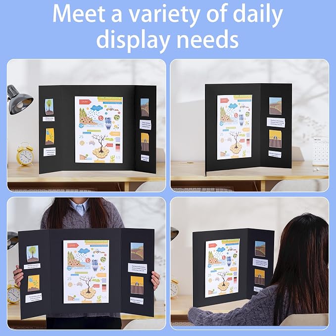AKONEGE 12Pcs Medium Trifold Poster Board, 26" x 16" Black Corrugated Cardboard Tri Fold Poster Boards for School Projects, Presentations, Science Fair, Photo Display, Art Exhibition