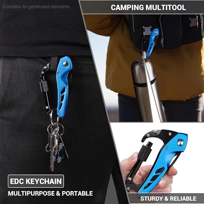 FUNBRO EDC Multitool Carabiner with Knife, Bottle Opener | Window Breaker and Screwdriver, Knives Tools for Men Outdoor Camping (Blue)