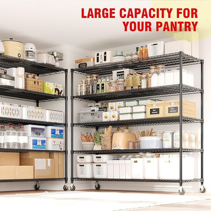Garvee 3300LBS Storage Shelves 5 Tier Metal Shelving with Wheels, 82" H | 23.6"D,Heavy Duty, Wire Shelving Rack, Adjustable, Shelf Organizers for Garage Kitchen Pantry, Tool-Free Assembly, Black