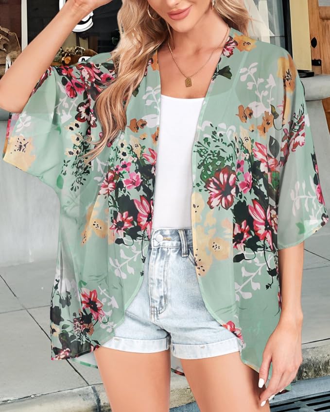 Women Kimono Cardigans Summer Cover Up Hawaiian Shirts Floral Print Tops | ROSEMIA chiffon kimono open front cardigans, beach cover ups, daily casual tops, cruise outfits, summer resort wear