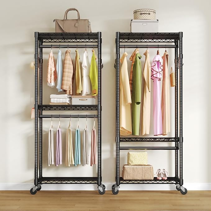 OLIXIS Clothes Rack Heavy Duty Adjustable Garment Clothing Rack with Wheels, Rolling Metal Freestanding Closet Organizer for Hanging Clothes with 2 Side Hooks, Double Rods, 29.5"x15.7"x75.6", Black