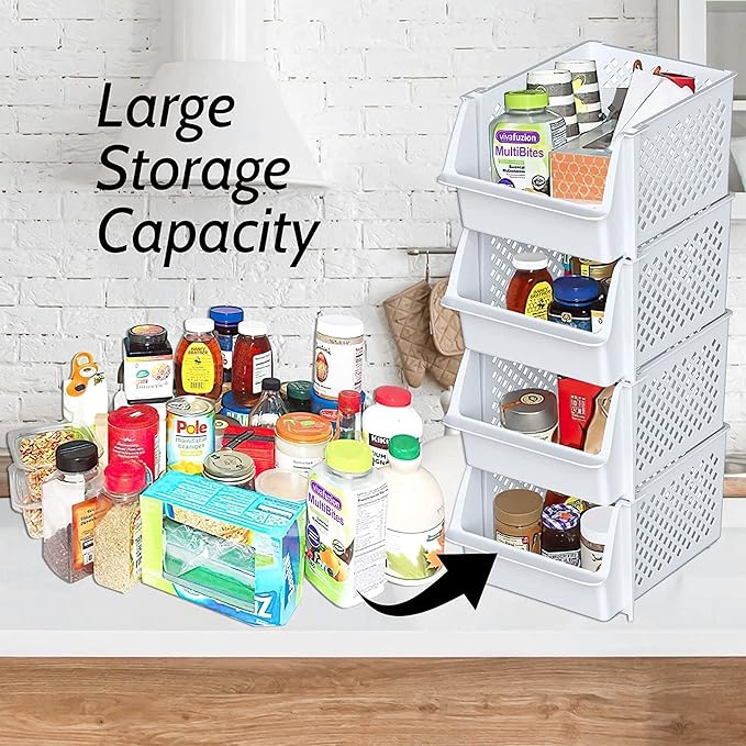 Skywin Stackable Storage Bins Open Front for Pantry Storage, 4 Pack - White | Sturdy Plastic, Easy Stacking, Open Front Access, Ventilated Sides, Vertical & Space Saving Pantry Organizers and Storage Bin