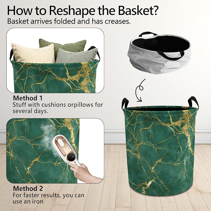 Modern Abstract Green and Gold Laundry Basket with Handles, Luxury Emerald Green Marble Collapsible Waterproof Laundry Hamper Clothes Storage Basket for Bedroom Bathroom Home