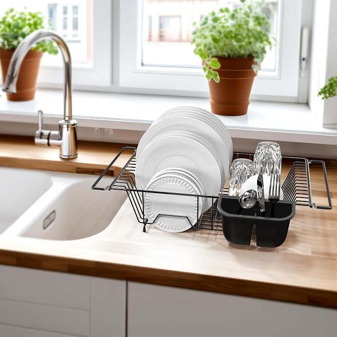 Simple Houseware Large Over Sink Counter Top Stainless Steel Dish Drainer Drying Rack with Utensil Holder, Black