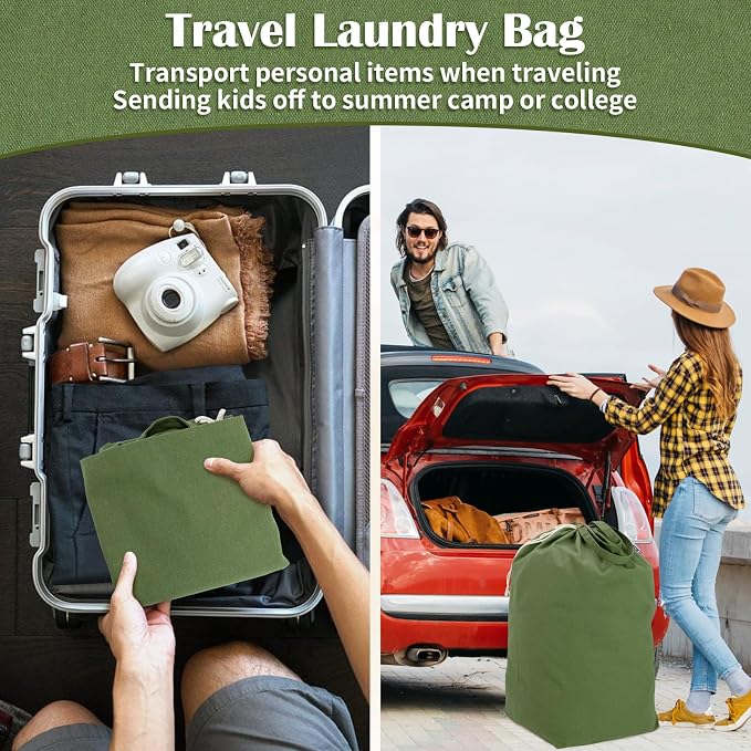 Canvas Laundry Bags with Handles & Square Base 13.8"Wx13.8"Dx27.6"H | Extra Large Heavy Duty Laundry Basket Hamper Liner Replacement, Washable Drawstring Dirty Clothes Bag, Army Green