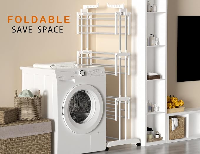 HOMIDEC Clothes Drying Rack, 4-Tier(67.7" H) Foldable Drying Rack Clothing | Foldable Stainless Steel Drying Rack, Movable Laundry Drying Rack with 4 Castors and 14 Hooks for Bed Linen, Clothing, White