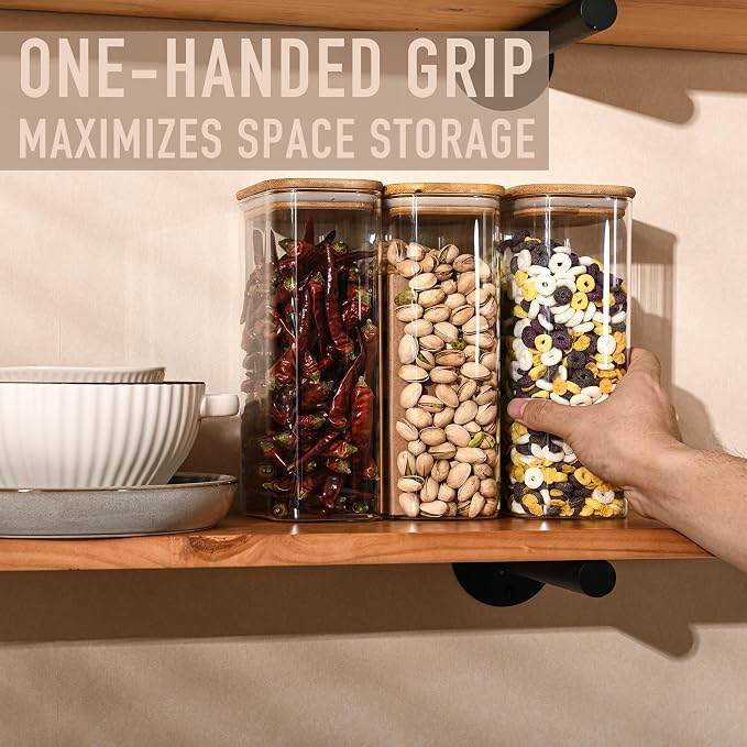 D2scrma 56oz Rectangle Airtight Glass Storage Containers with Bamboo Lids (Set of 4), Square Food Storage Jar, Pantry Organizers for Oats, Cereal, Pasta and Coffee beans (‎with Black Lable)