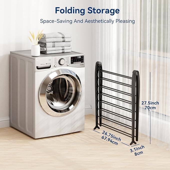 Whitmor Spacemaker Folding Drying Rack, Indoor Clothes Organizer with Patent-Pending Design, Space Saving, 6" L x 26" W x 51.5" H, Black Deluxe