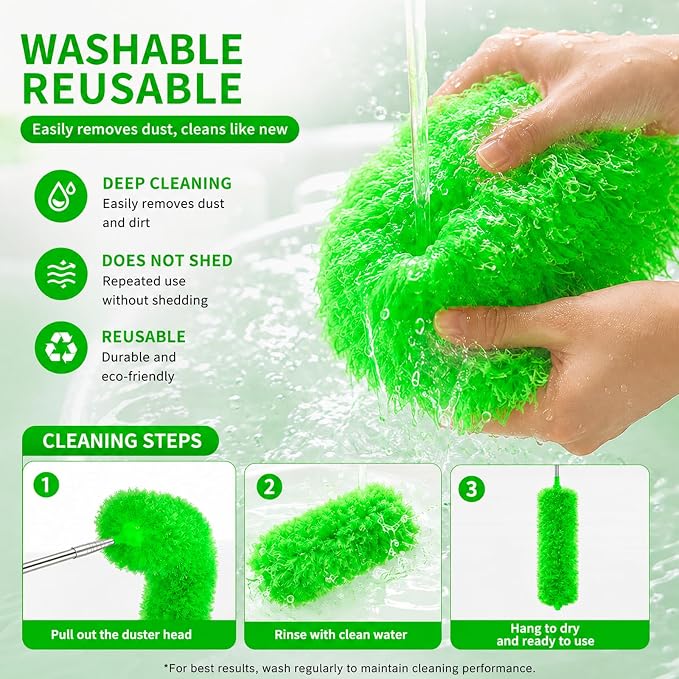 AZUN Microfiber Duster for Ceiling Fans, 30-100 in Telescoping Pole, Green | Microfiber traps dust. Long duster for high ceilings. Cleans ceiling fans, blinds and cobwebs. Washable and reusable.