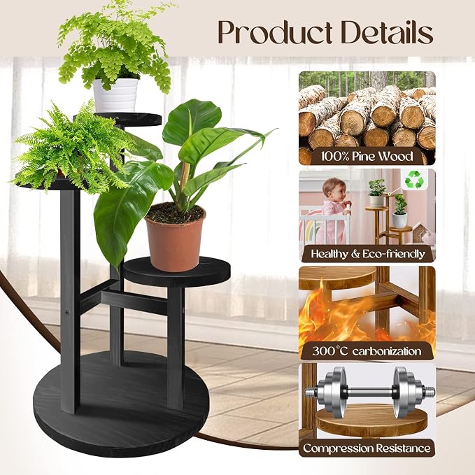 GEEBOBO 3 Tier Plant Stand Indoor, Tiered Wood Plant Stand for Indoor Plants, 21" Height Space Saving Small Corner Plant Shelf, Plant Stands for Tabletop, Balcony, Living Room (Black)