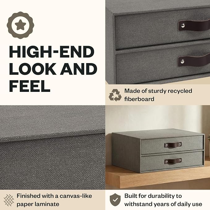 Bigso Birger 2-Drawer Canvas Fiberboard Easy Pull Handle Document Letter Box | Desktop Drawers for Loose Papers and Documents | Desktop Storage Drawers with Leather Handles | 13.1” x 10” x 5.7” | Grey