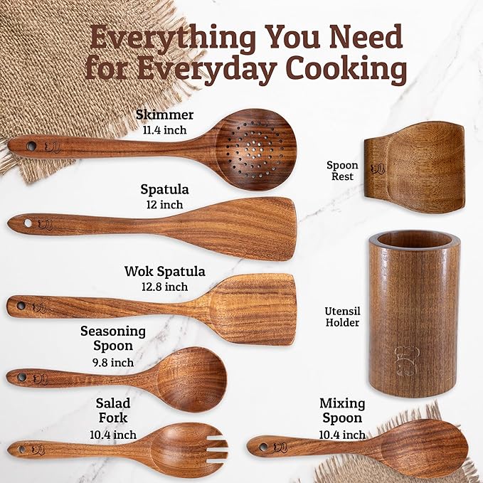 PriorityChef Wooden Spoons for Cooking, Premium 6pc Teak Wood Utensil Set with Hanging Hooks, Utensil Holder and Spoon Rest