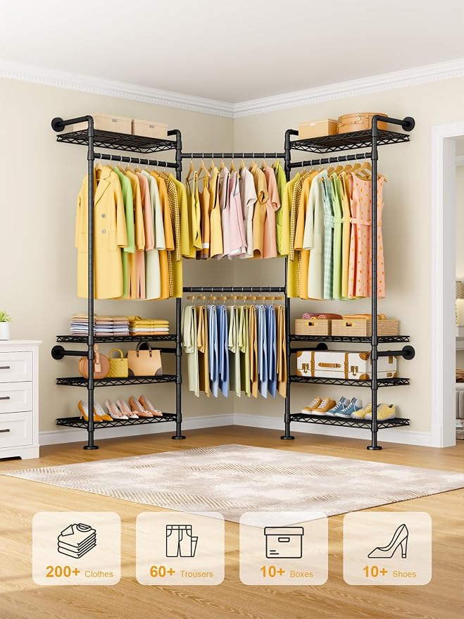 ULIFHOME M6 Clothes Rack for Wall Mounted, Heavy Duty Closet Wardrobe System with 8 Shelves and 4 Hanger Rods, 68.5" W x 11.8" D x 86.6" H Clothing Storage Organizer for Holding 1064lbs, Black