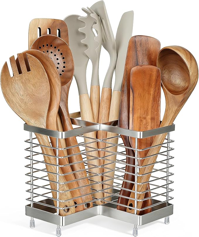 Utensil Holder, Stainless Steel Corner Utensil Holder for Kitchen Counter, 3 Compartments Utensil Crock Organizer for Spatulas, Silverware, Forks, Knives, Spoons & Cooking Tools