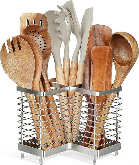 Utensil Holder, Stainless Steel Corner Utensil Holder for Kitchen Counter, 3 Compartments Utensil Crock Organizer for Spatulas, Silverware, Forks, Knives, Spoons & Cooking Tools