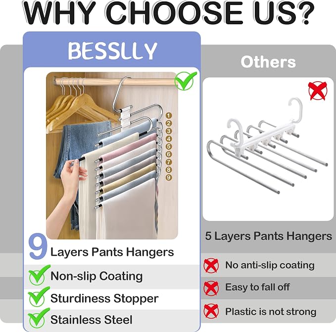 9 Layers Pants Hangers Space Saving Closet Organizer 2 Pack, Metal Space Saving Hangers Non-Slip Multi-Layer Multifunctional Rack Closet Organizers and Storage for Pants Skirts Jeans Trousers(White)