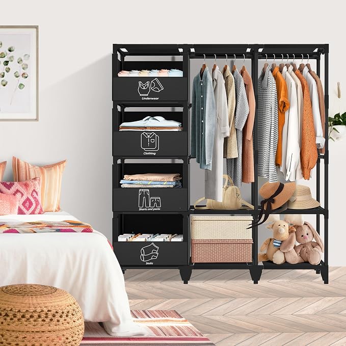 Portable Closet, Easy Assembly, Large Capacity Wardrobe Closet, Sturdy and Stable Clothes Rack with Shelves 4 Storage Baskets and 2 Hanging Rods, for Bedroom and Cloakroom Black