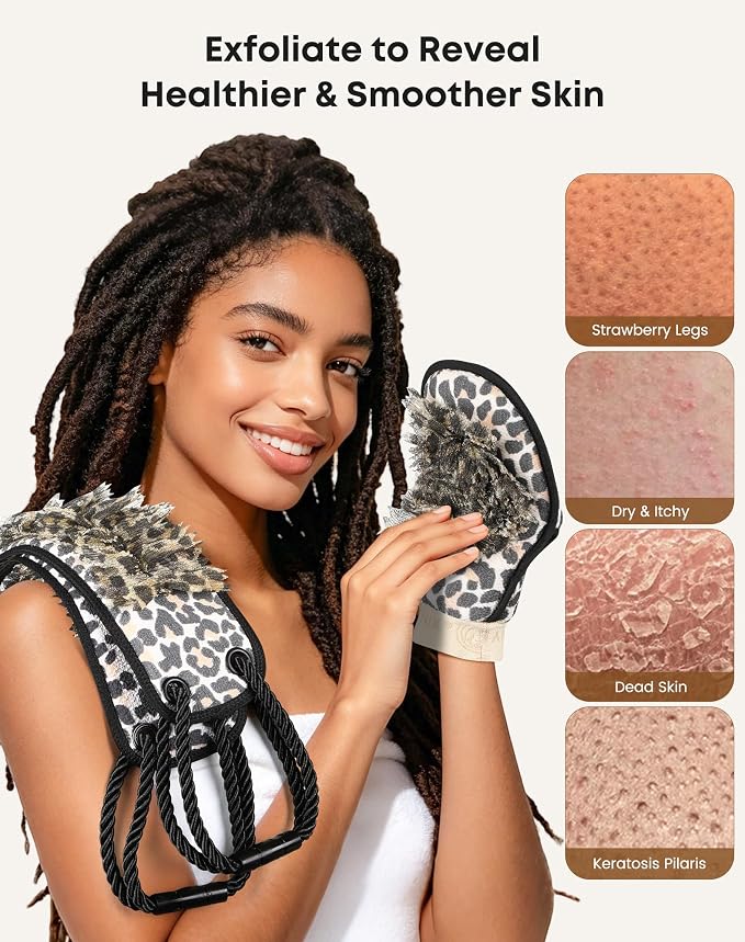 eaxun Exfoliating Back Scrubber with Two Handles & Glove for Shower, Dual-Sided Bath Exfoliator and Mitt with Mesh Loofah for Men, Women, Elderly, Deep Cleansing Body Washer Set - Leopard