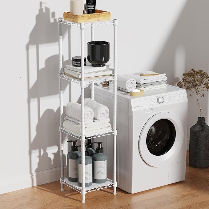 IZEUK 4 Tier Steel Storage Shelves, Adjustable Wire Shelving Unit for Kitchen, Bathroom, or Office Organization, Heavy Duty Metal Rack, 480 lbs Capacity, 11.8" D x 11.8" W x 47.3" H, White