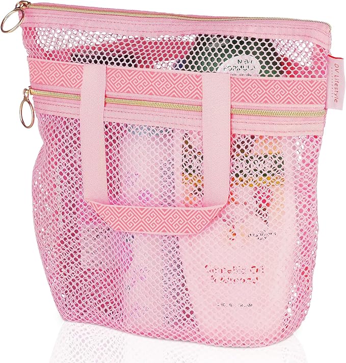 DV Lifestyle Mesh Shower Bag 10.2x9.9'' Quick-Dry Caddy with Zipper & 2 Pockets. Portable Toiletry Tote for Bathroom, Gym, Travel, Camp, Beach, for Sunscreen, Dorm & College Essentials (Pink)