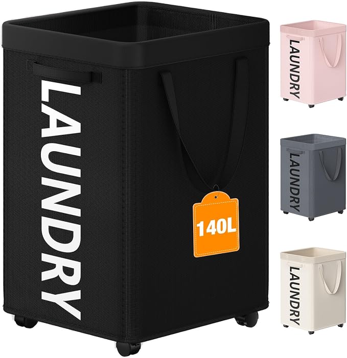 Optish 140L Laundry Hamper with Wheels, Rolling Laundry Basket with Removable Mesh Bag, Extra Large Clothes Hamper for Bedroom, Bathroom, Dorm Room Essentials, Black