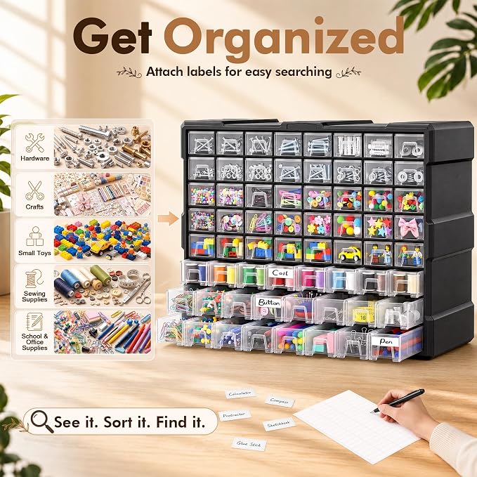 64-Drawer Organizer for Garage Building Bricks Storage,𝐓𝐡𝐢𝐜𝐤𝐞𝐫 Drawer Storage Cabinet with Dividers and Labels for Hardware,Screws,Nuts Bolts, Garage Tools,Charms,Beads,Craft,Scrapbook