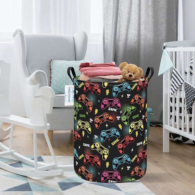 Round Laundry Basket Collapsible Storage Hamper Organizer Game | Waterproof Canvas Foldable Baskets with sturdy Handles Multi-scene Organizer for Home Play Bedroom Gift Bin