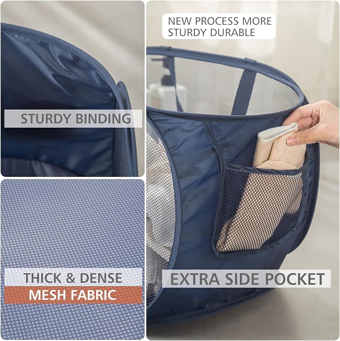 Sturdy Mesh Laundry Hamper Basket Bag,Collapsible Pop up for Laundry Room | Foldable Baskets with Side Pocket Travel Clothes Organizer for Bathroom,Kids Room,College Dorm(Horizontal,Double Grey)