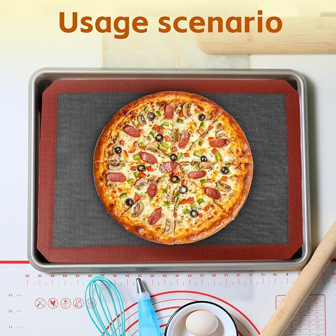16.5"x11.6" Perforated Baking Mats, Non-Stick Hollow Out Silicone Mat, Reusable Oven Liner for Half Sheet Pan, Making Bread/Pizza/Macaron/Pastry/Cookie (2 Pcs, Black Corner Cut)