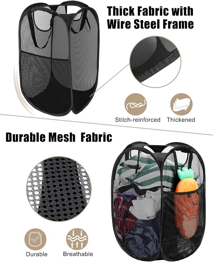 HOUSE AGAIN 2 Pack Strong Mesh Pop Up Laundry Hamper, 70L Collapsible Laundry Basket with Steel Frame, Double‑Stitched Handles & Side Pocket, Foldable Dirty Clothes Hamper for Dorm, Bedroom, Black