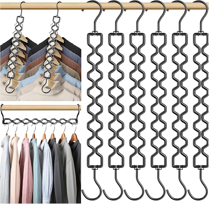Space Saving Hangers for Clothes 6 Pack, Sturdy Metal Hangers Heavy Duty | Magic Clothes Space Saver Hanger Organizer with 360° Swivel Hook, Closet Organizers and Storage Dorm Room Essentials Black