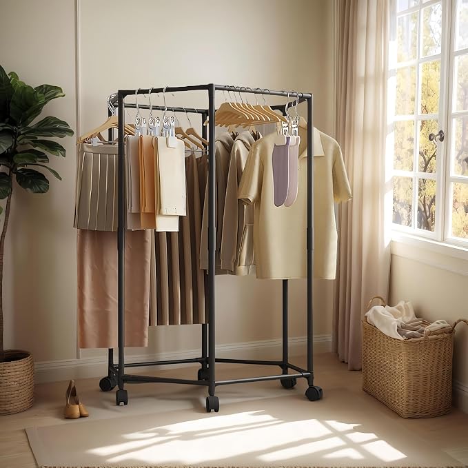 360° Rotating Multi-Tier Clothes Drying Rack with Wheels | Heavy-Duty Metal Garment Organizer for Bedroom, Closet, Balcony & Laundry Room | Space-Saving Corner Clothing Hanger Stand