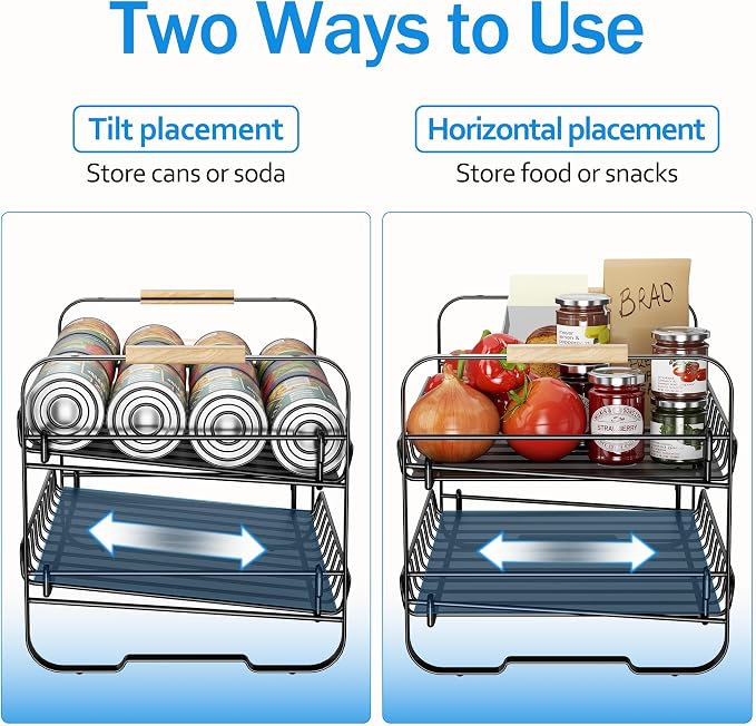 MAXIFFE 2-Tier Can Organizer for Pantry, 16.9"W × 11.5"D × 16.7"H, Stackable Metal Adjustable Hold 40 Cans Rack Storage Holder Dispenser for Soda Drinks Fruits, for Kitchen Countertop, 2 Pack Black