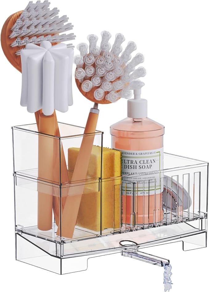 Yieach Clear Kitchen Sponge Holder for Sink,Acrylic Sponge Caddy for Kitchen Sink with Brush Holder,Rustproof Kitchen Sink Organizer for Sponge, Soap Dispenser Storage Accessories and Self Drain Tray