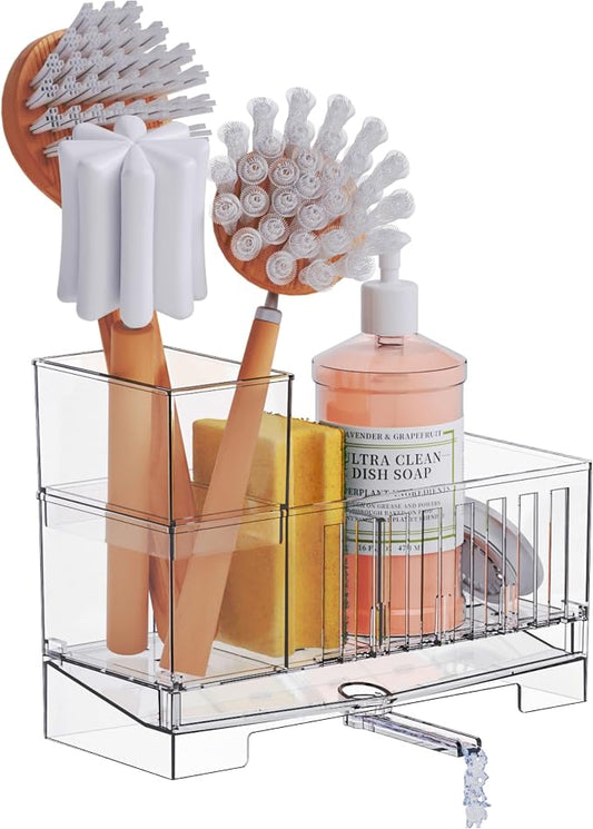 Yieach Clear Kitchen Sponge Holder for Sink,Acrylic Sponge Caddy for Kitchen Sink with Brush Holder,Rustproof Kitchen Sink Organizer for Sponge, Soap Dispenser Storage Accessories and Self Drain Tray