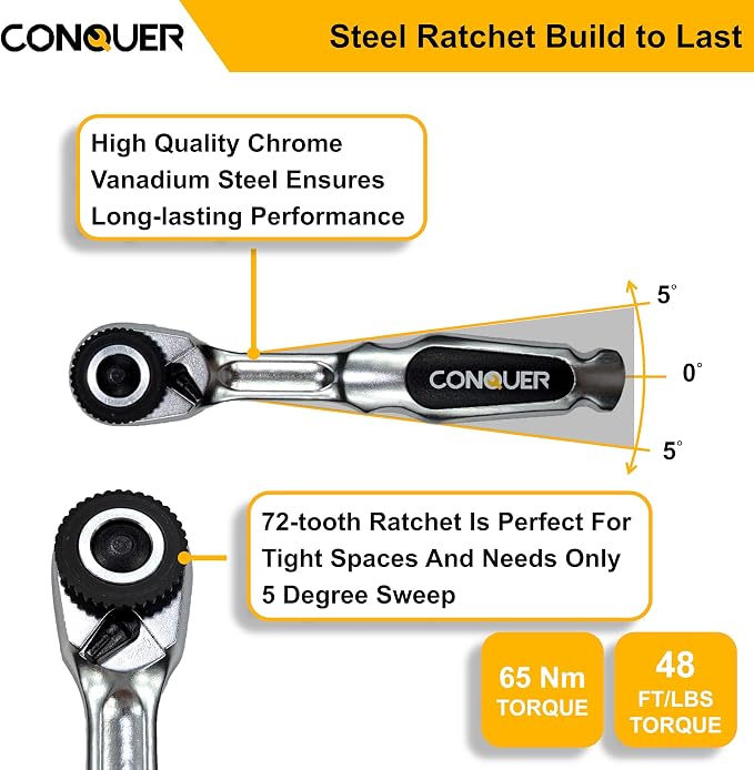 CONQUER 22pc Mini Ratchet Screwdriver Set, 1/4" Right Angle Phillips Kit | 72-tooth gear, 5° swing, 48 ft-lbs torque, Cr-V/S2 steel, spin disk, quick-release bits, EVA tray, EDC tight-space tool