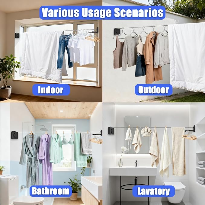 Retractable Clothesline Indoor Outdoor 17.4Ft Non-Sag Drying Rack(1, Black) | Stainless Steel Heavy Duty Laundry Washing Line with Wall Mounted, Space-Saving Clothing Drying Rack with Telescoping Hanger