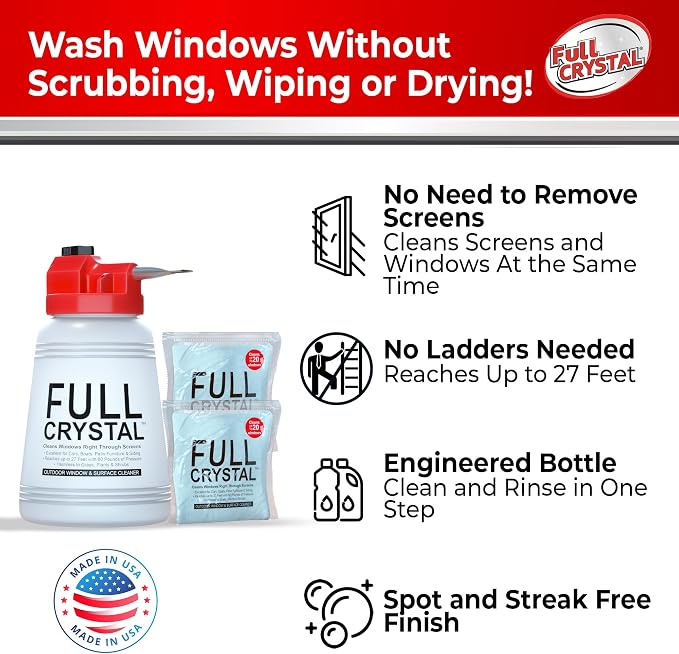 Full Crystal Window Cleaner, Bottle + 8oz Powder, Cleans Up to 40 Windows