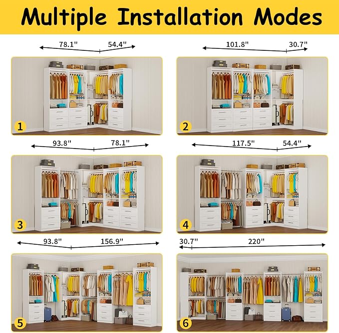Closet System with 9 Drawers, Corner Closet Organizer System with 9 Hanging Rods Walk in Wooden Modular Closet Storage System L-Shaped 4 Sets, 2800+ Lbs Capacity White