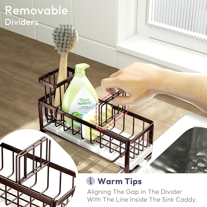 SWTYMIKI Sponge Holder for Kitchen Sink - Sink Caddy with Brush Holder Self-draining Sponge Caddy Organizer with Divider Stainless Steel Kitchen Accessories Storage for Countertop, Bronze