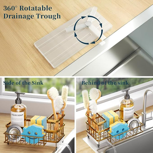 Consumest Sponge Holder for Kitchen Sink - Auto Draining Sink Caddy Organizer with Detachable Rack, High Brush Holder, Kitchen Countertop Storage Accessories, Gold
