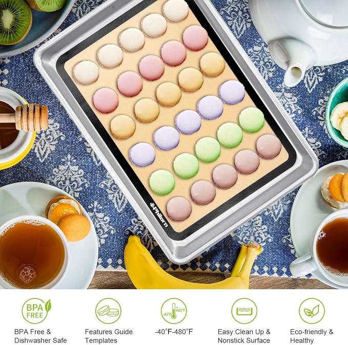 Philorn Silicone Baking Mat Set, 16.5" x 11.42" Macaron Mat, Non-Stick With Tools, 2 Pack Food Safe, Reusable for Oven, Cookie, Bread