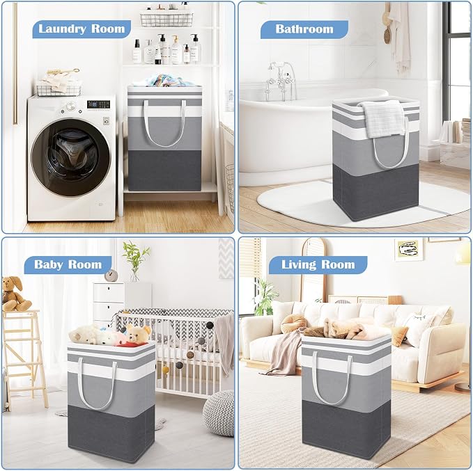 BlissTotes 3-Pack Laundry Basket, Collapsible Laundry Hamper, Grey, 125L | Laundry Clothes Hamper, Hampers for Bedroom, Freestanding Hamper with Handles, Clothes Laundry Basket